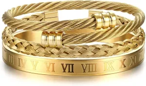 YADOCA 3Pcs Stainless Steel Bracelets for Men Roman Numeral Bangle Bracelet Adjustable Cuff Bracelet Twisted Cable Bracelet Mens Luxury Bracelets Jewelry Gifts Gold/Silver/Black