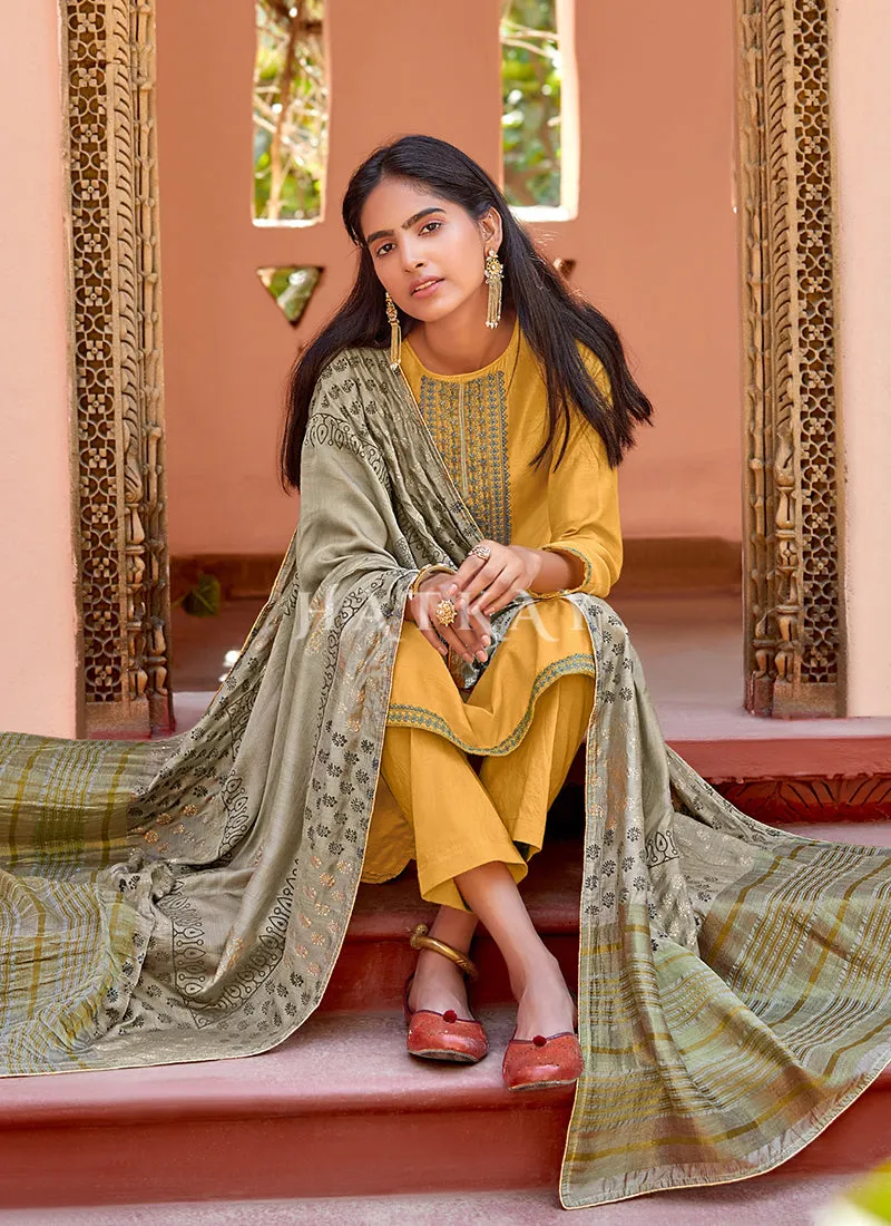 Yellow And Grey Embroidered Pant Style Salwar Suit