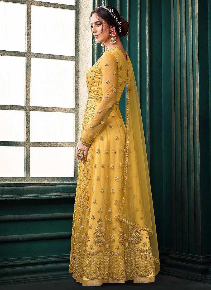 Yellow Traditional Embroidered Layered Indian Anarkali Suit
