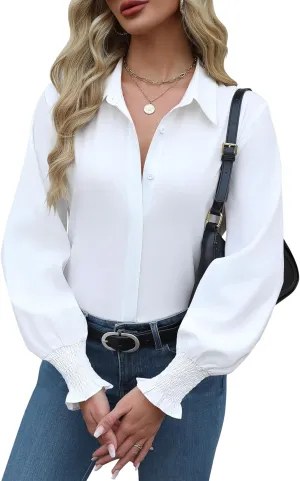 Zeagoo Womens Button Down Shirts Smocked Cuffed Blouses Printed Lantern Shirt Long Sleeve Tops Casual Collar Business Fashion
